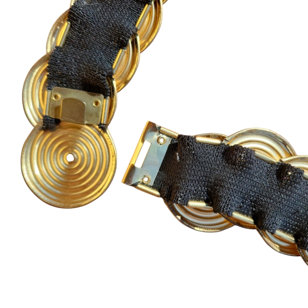 Vintage Gold Tone Disc Stretch Belt | Mod Disco Glam Statement Waist Belt - Picture 7 of 12